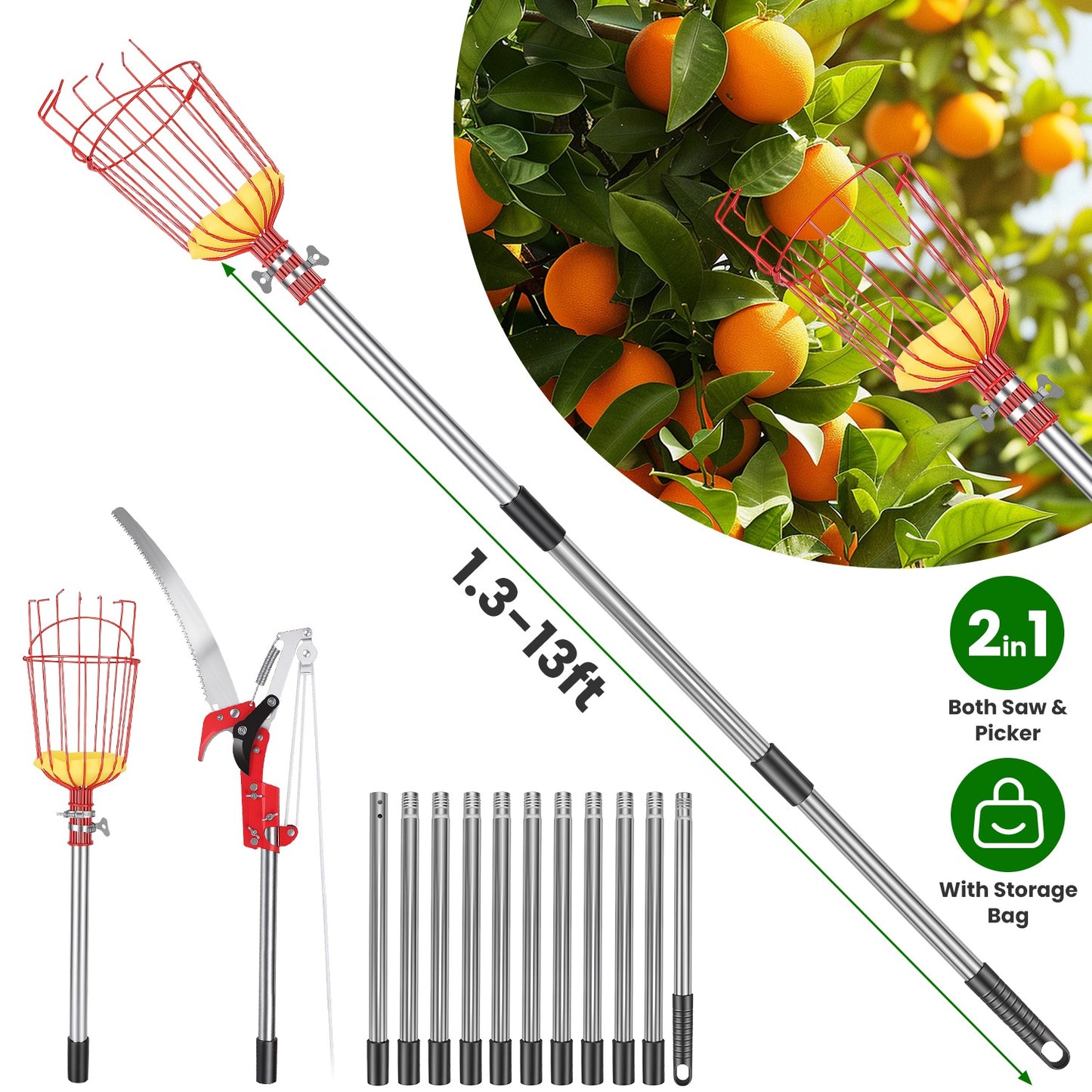 2-in-1 Extendable Pole Saw & Fruit Picker Garden Tool Set