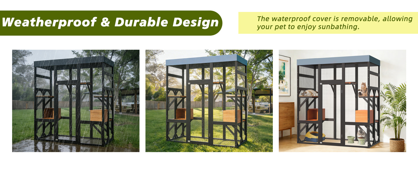 Large Wooden Cat Enclosure with Waterproof Cover and Multiple Platforms