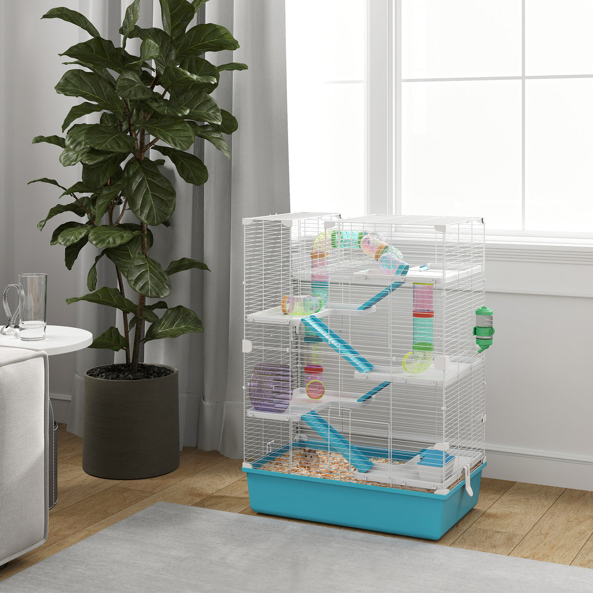 6-Tier Hamster Cage with Tubes, Ramps, Wheel & Accessories - Light Blue
