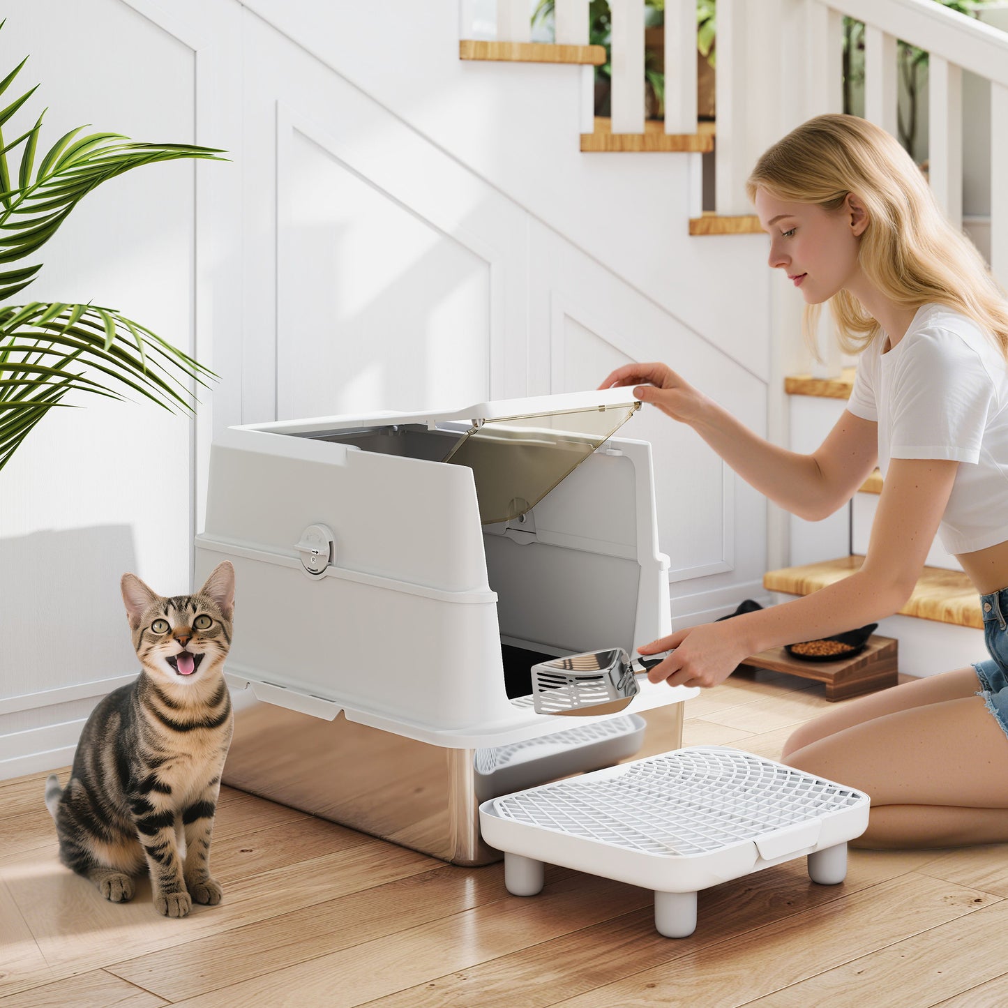 Large Stainless Steel Cat Litter Box with Flip Cover & Scoop - Extra Large Enclosure
