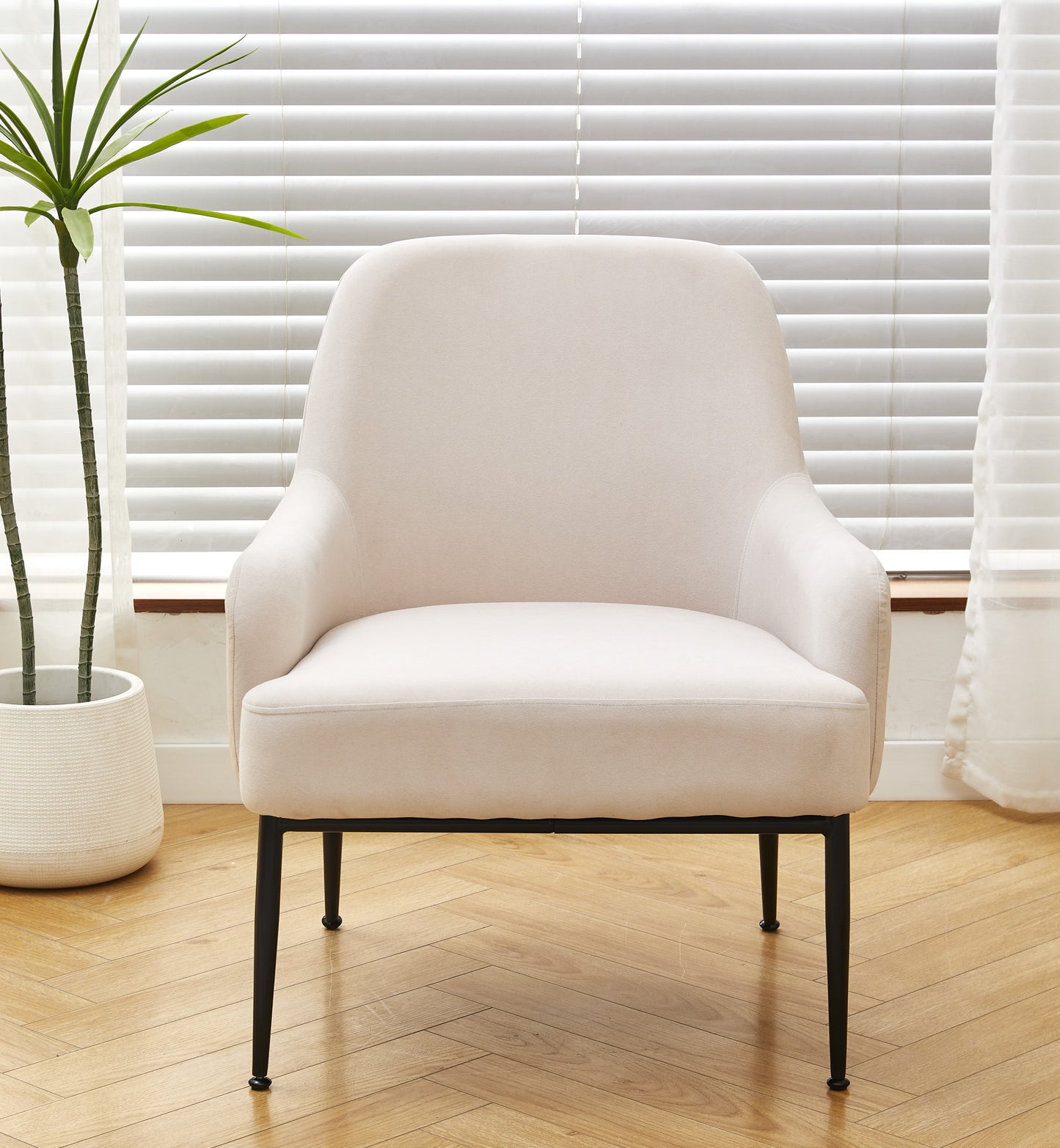 Beige Velvet Accent Chair, Modern Upholstered Armchair With Metal