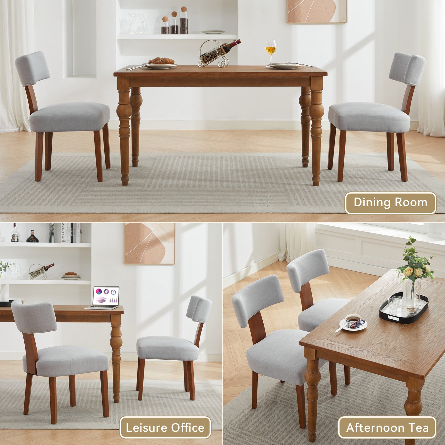 Set of 2 Gray Linen Modern Dining Chairs with Curved Backrest