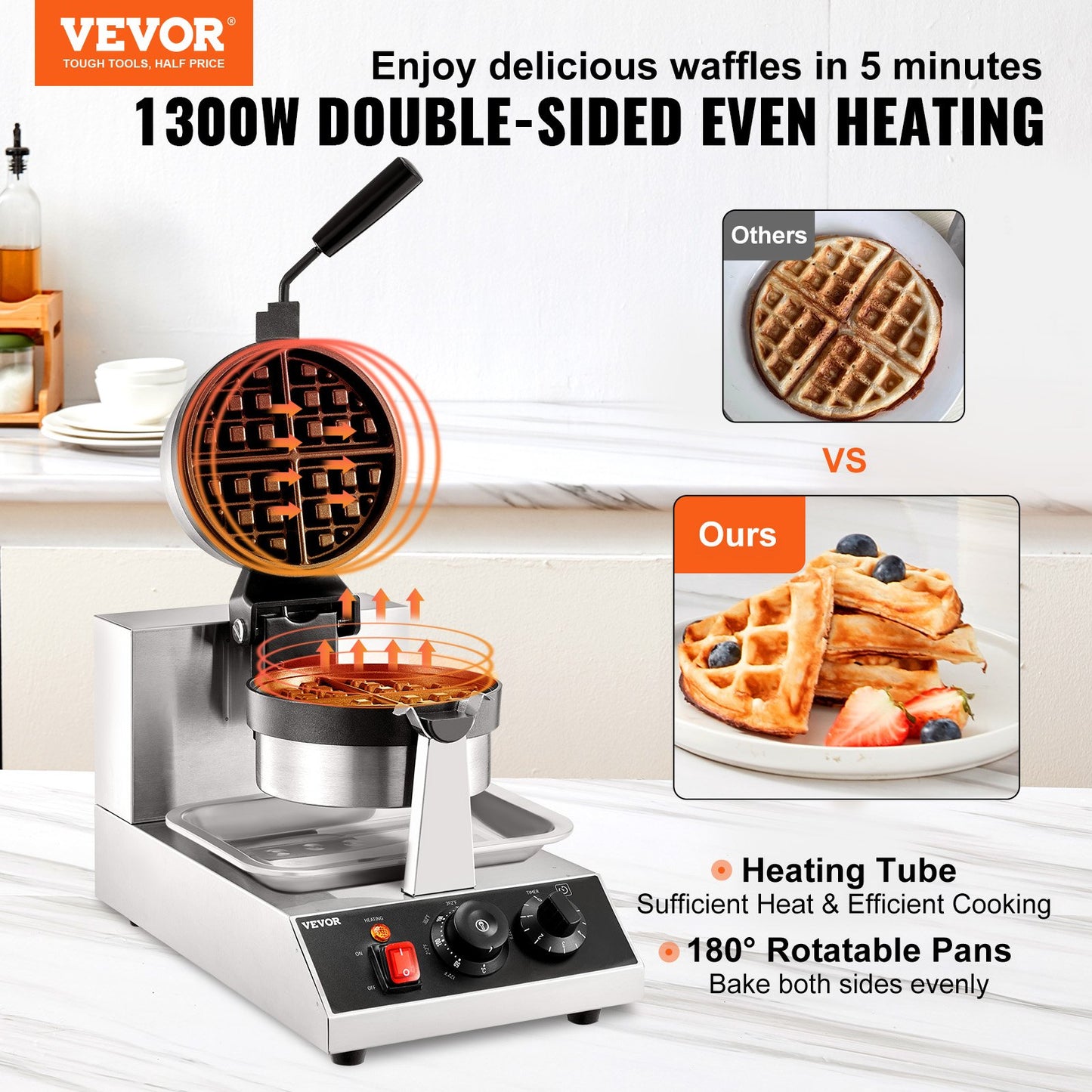 Commercial Round Waffle Maker 1300W Non-Stick Rotatable Kitchen Appliance