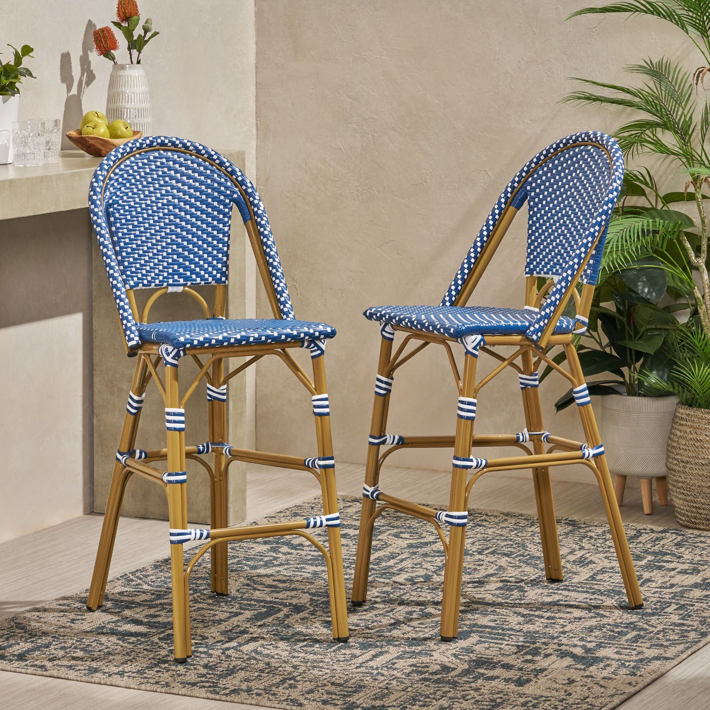29.5 Outdoor PE Rattan French Barstool, Dark Teal And White, Aluminum