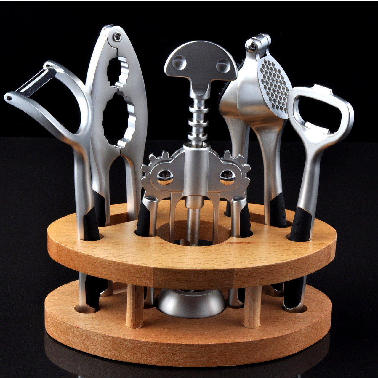 Six-Piece Wine Corkscrew Set - Offwhite Kitchen Barware with Bottle Opener, Garlic Press, Walnut Clip, Planer, Beer Opener, Wooden Base