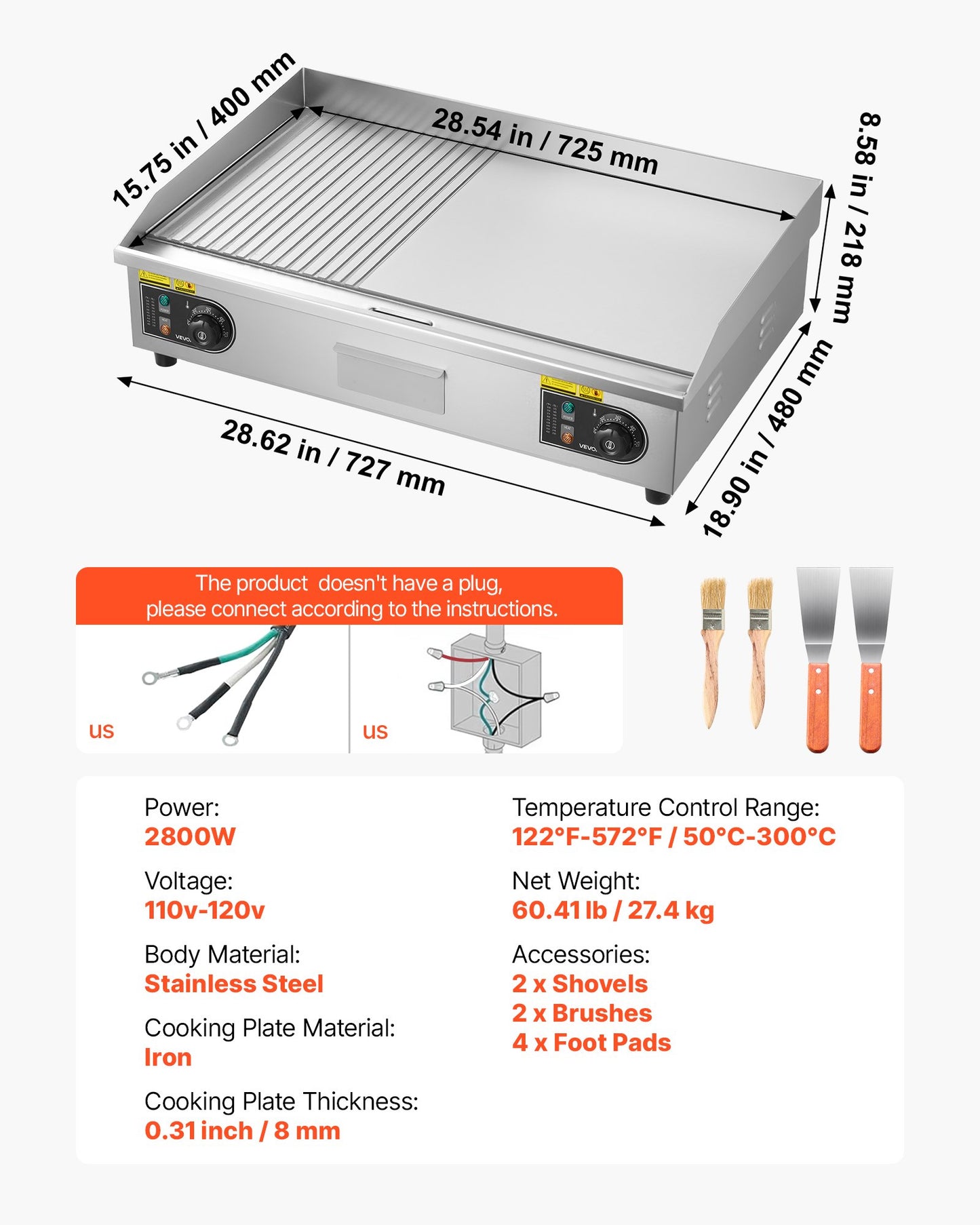 Large Commercial Electric Griddle 28.5x15.75in 2800W Adjustable Temp Stainless Steel