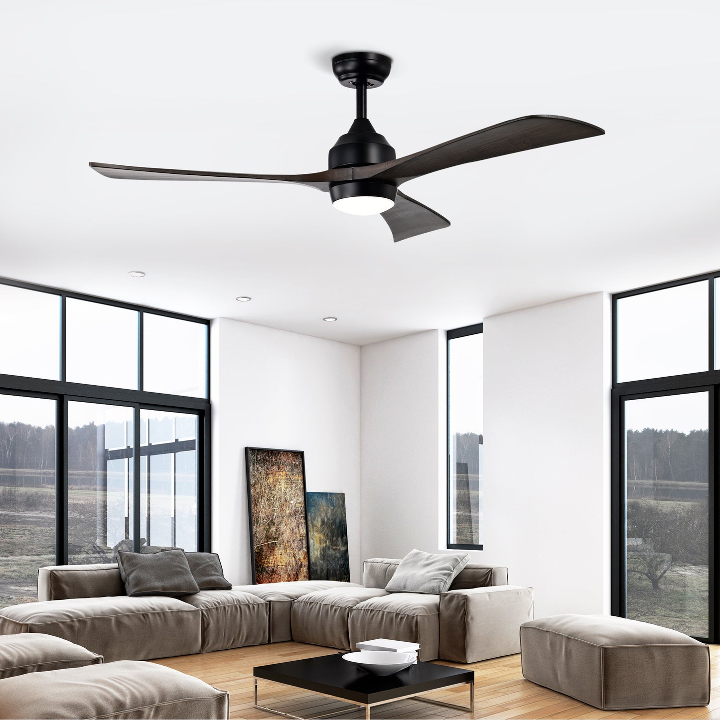 52-Inch Matte Black Solid Wood Ceiling Fan with Lights & Remote Control