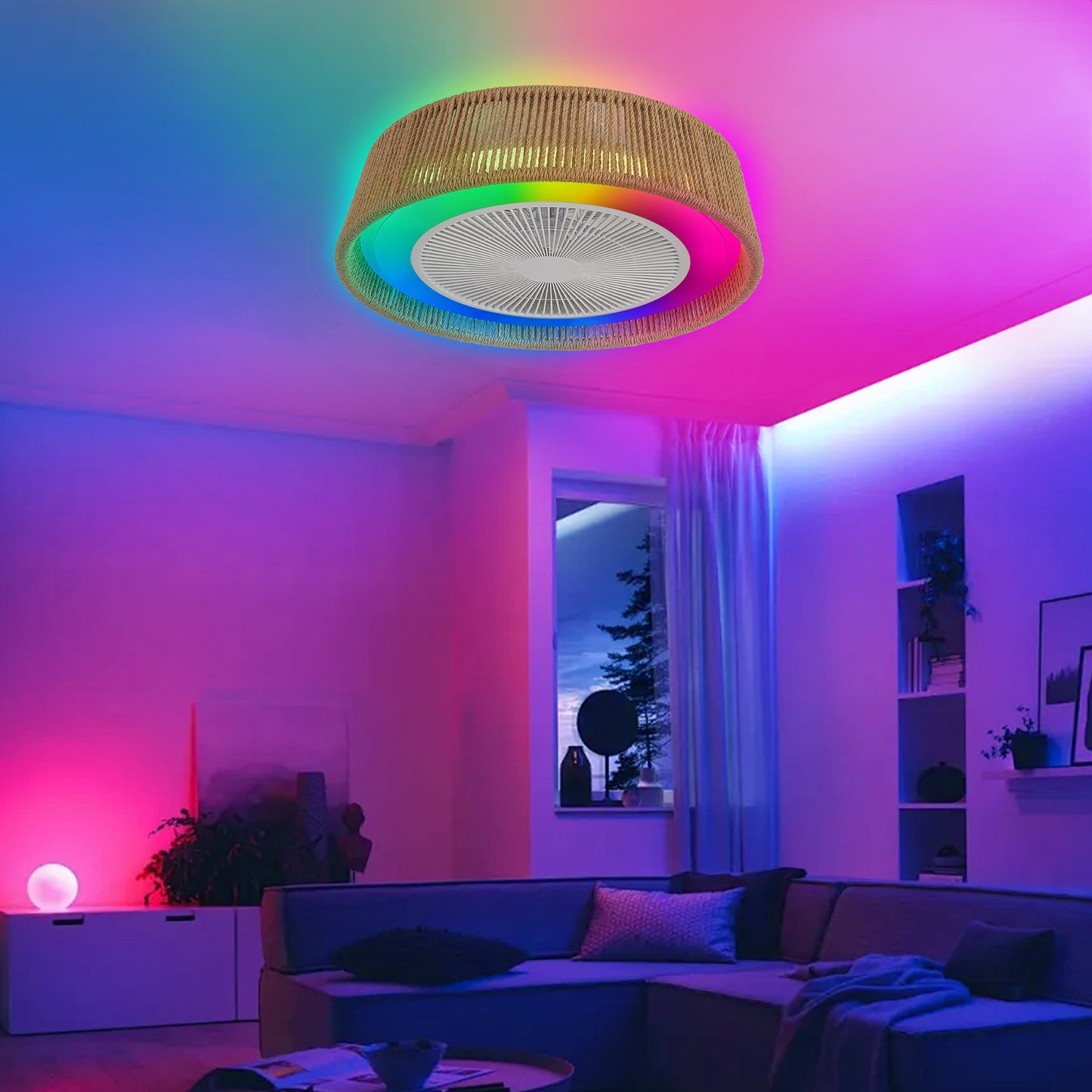 Modern Rustic Ceiling Fan Light with LED RGB Mood Lighting