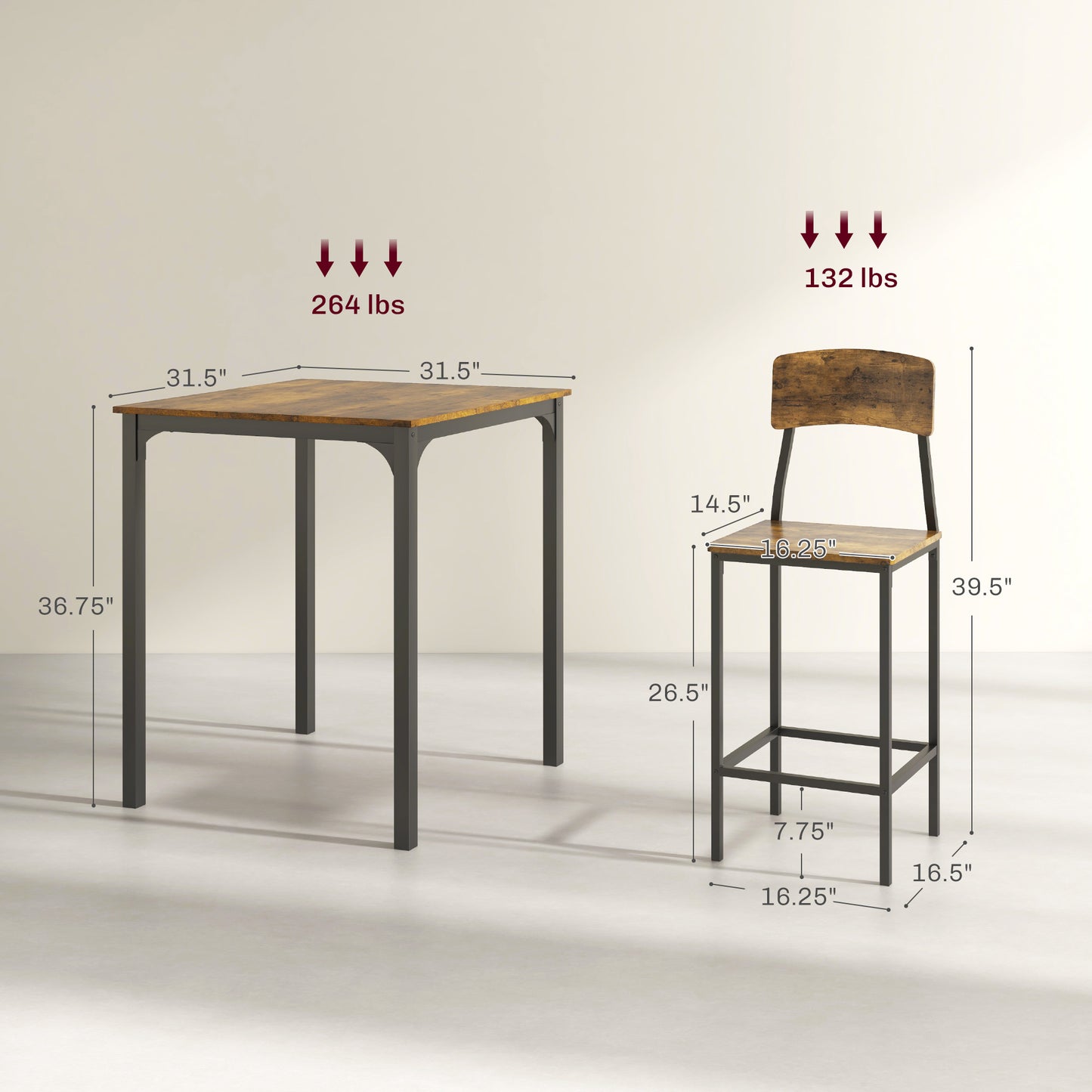 3-Piece Rustic Brown Dining Table Set with 2 Stools