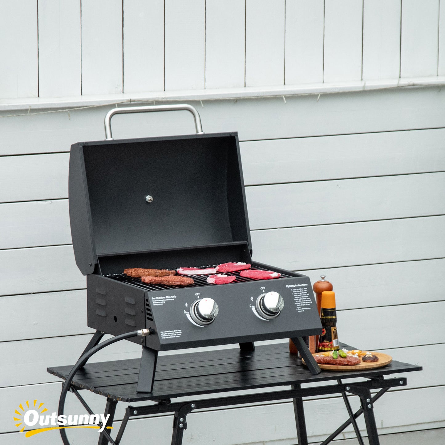 Portable Charcoal BBQ Grill with 2 Burners, Thermometer & Ashtray