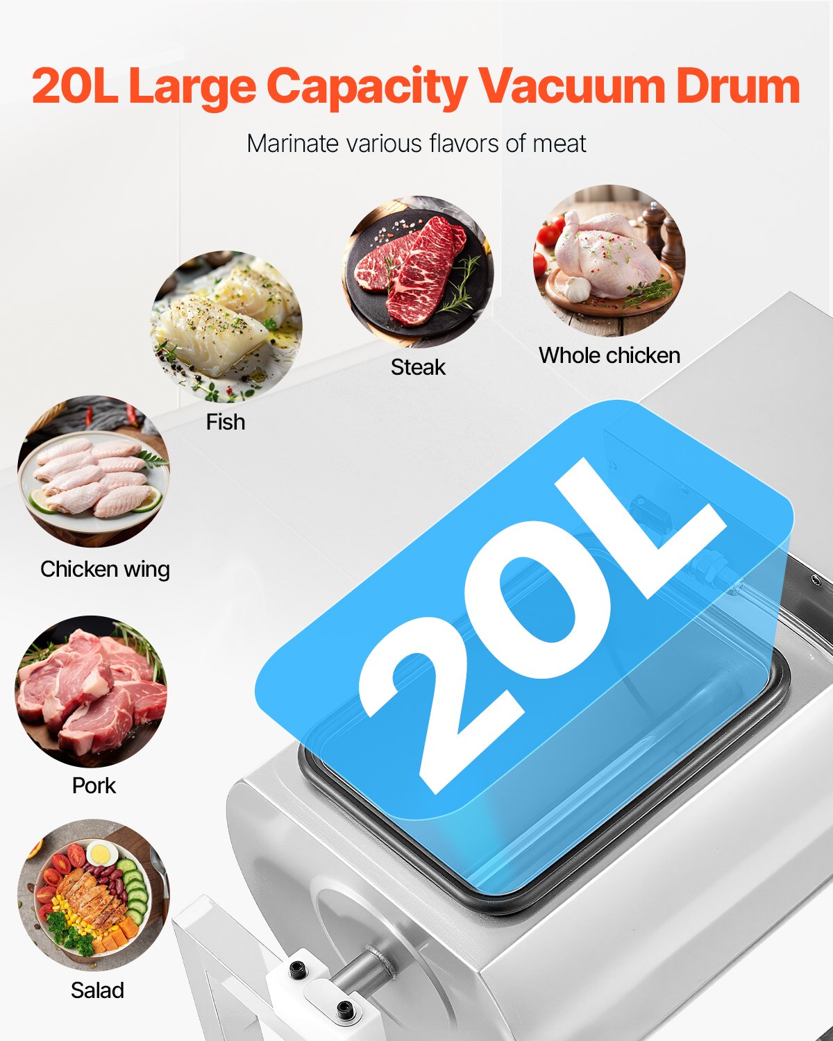 20L Vacuum Meat Tumbler Marinator Machine for Chicken Steak Fish Commercial Use - Silver