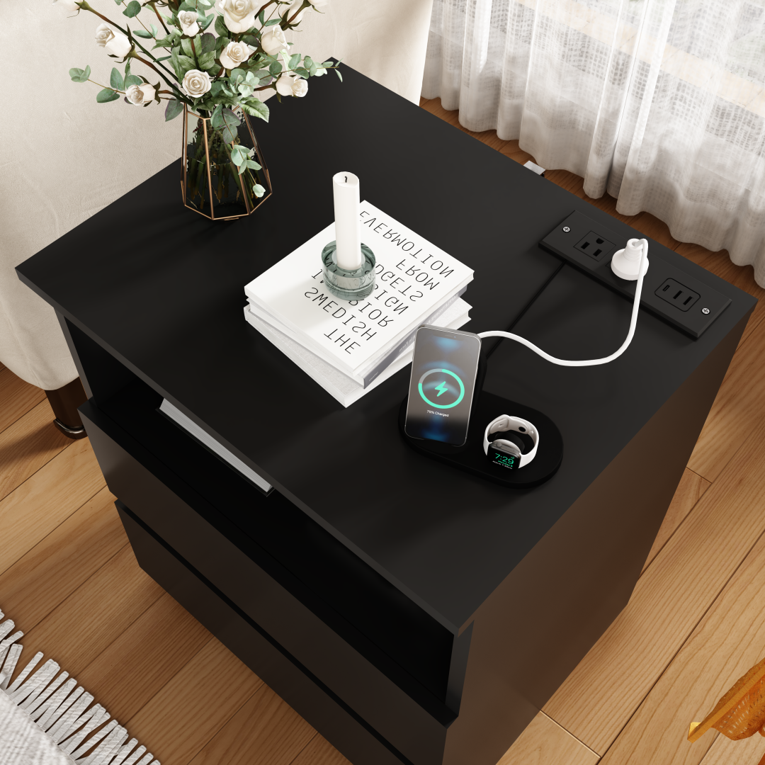 Set of 2 Modern End Tables with USB Charging Station & Drawers - Black