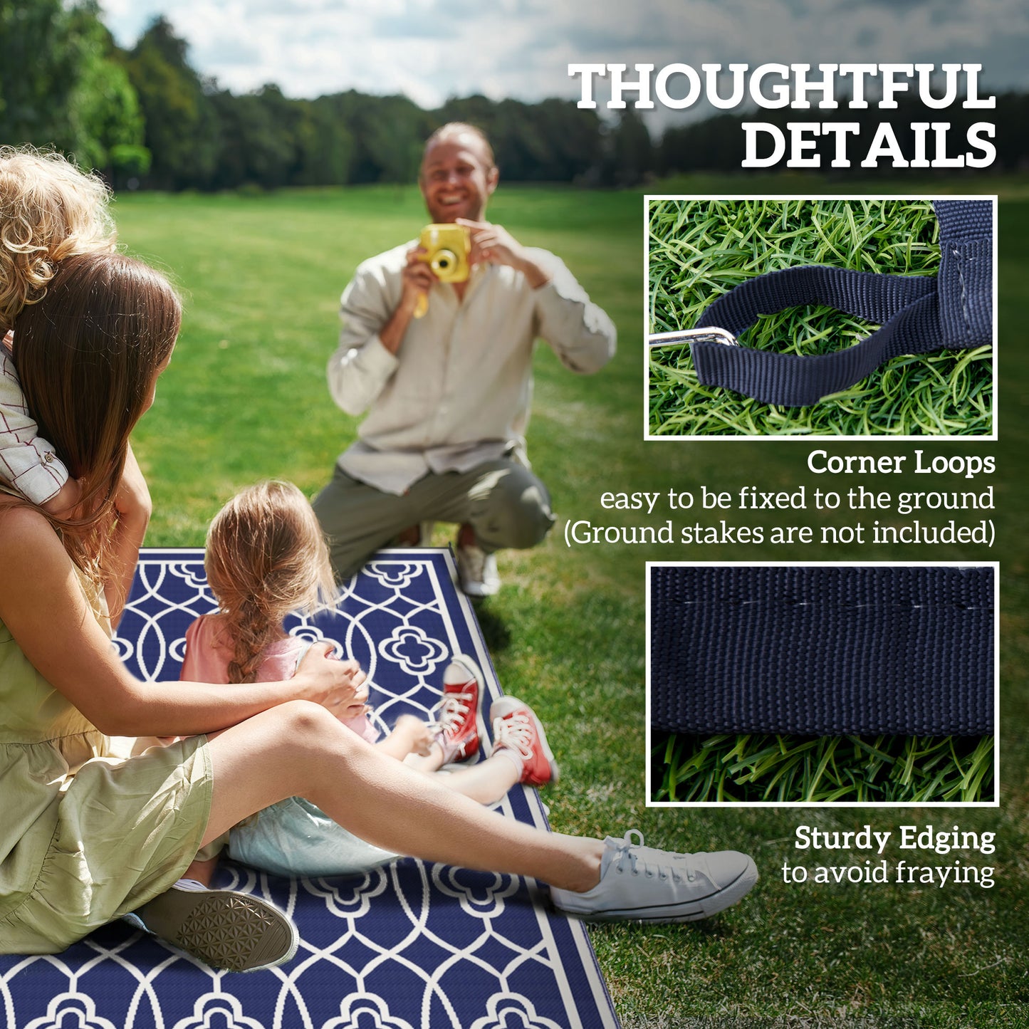 Reversible Outdoor Rug - Waterproof Plastic Straw, 9x18 ft, Blue & White Lantern