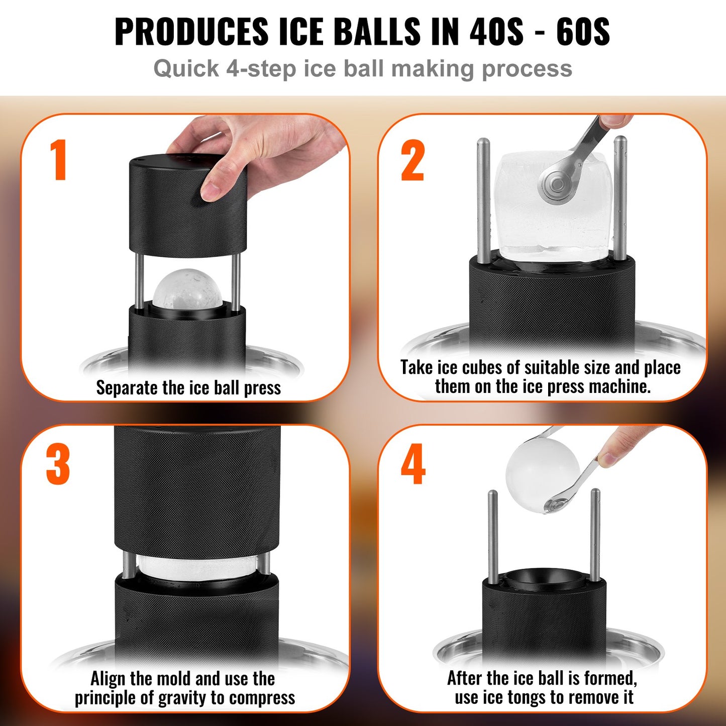 Ice Ball Maker - 2.4-Inch Press Kit with Tong & Tray - Black