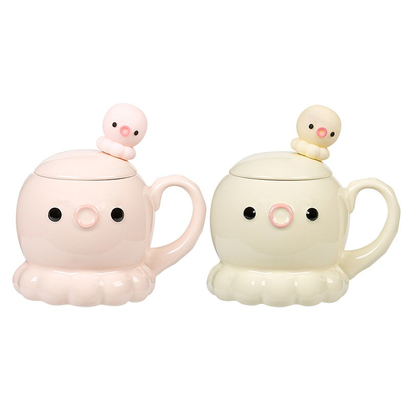 Cute Jellyfish Ceramic Coffee Mug with Cover and Spoon - 381ML