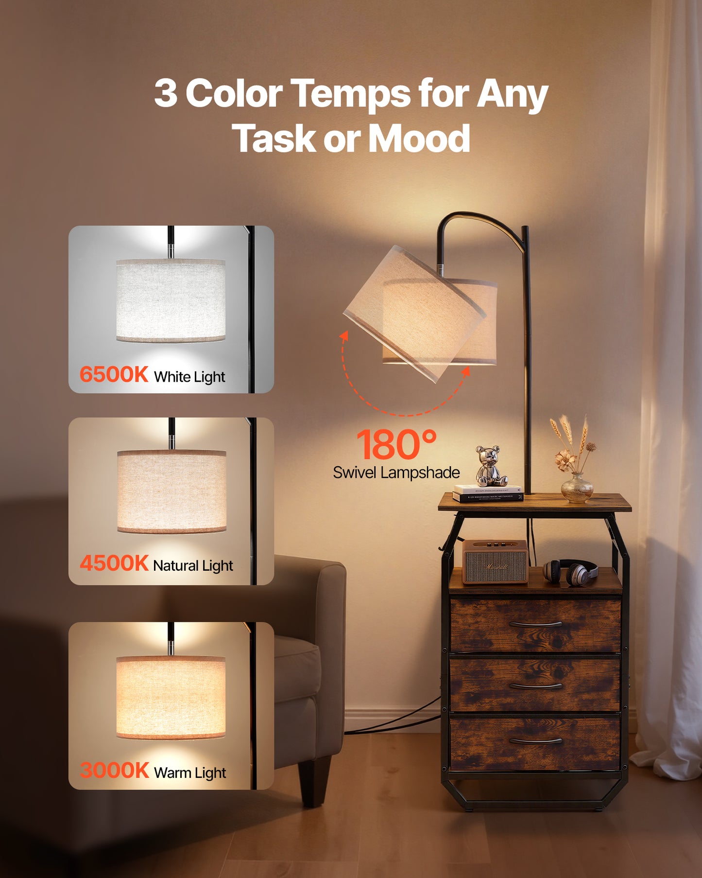 Floor Lamp With Table and 3 Drawers - Modern Bedside Nightstand with USB & USB-C Charging Port