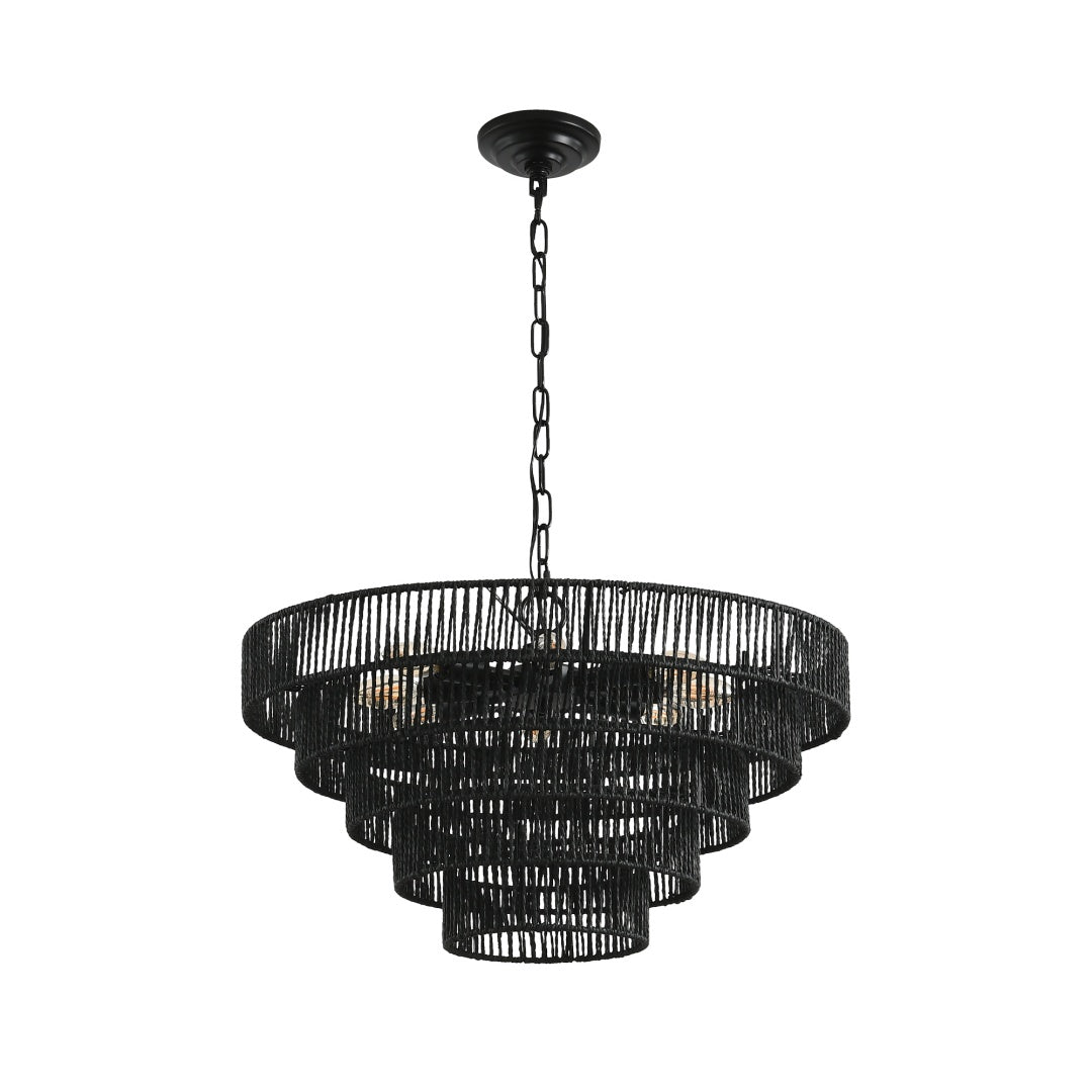Rustic 5-Tier Black Hemp Rope Pendant Light Chandelier - 8 E12 Sockets