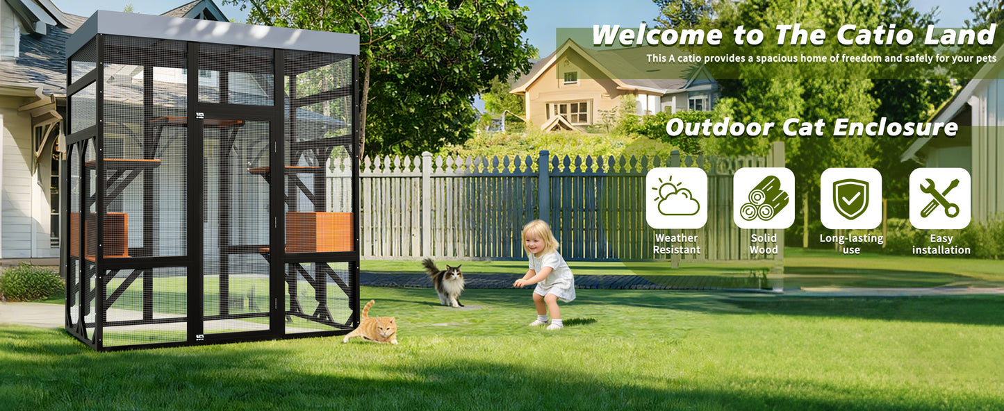 Large Wooden Cat Enclosure with Waterproof Cover and Multiple Platforms