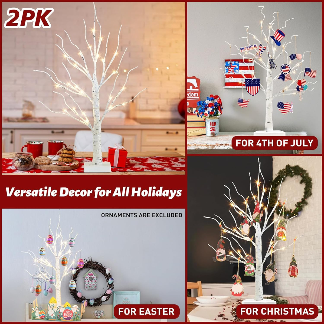 2FT Birch Tree with Warm White LED Lights - Christmas Decor