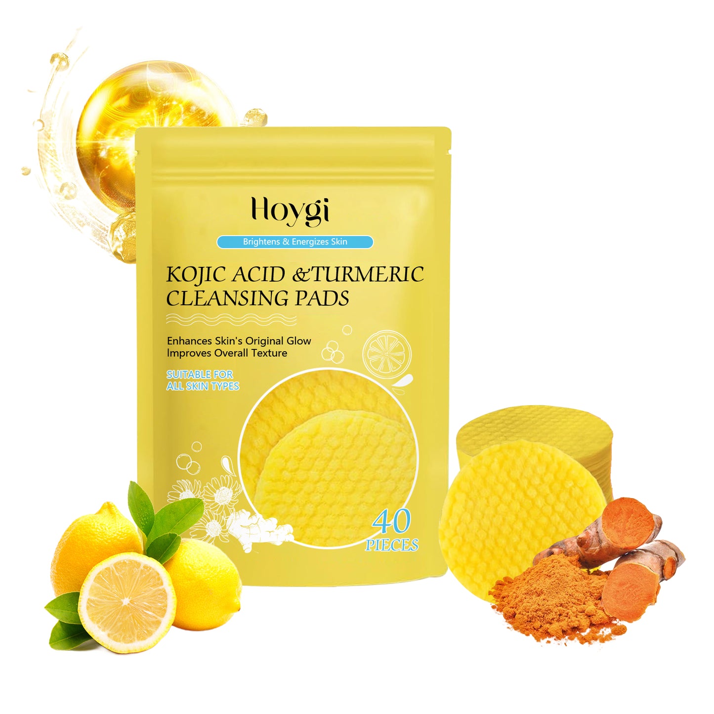 Turmeric & Kojic Acid Facial Cleansing Pads - Exfoliating Skin Care, 40 Count