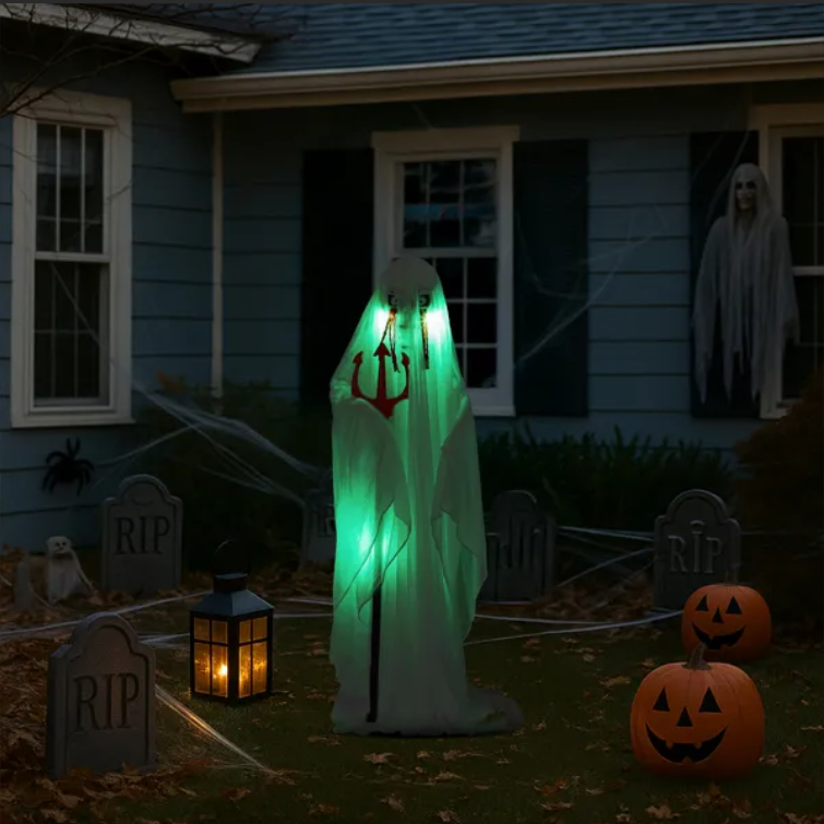 Life Size Animatronic Ghost Decoration with Trident - Sound Activated with Green Lights