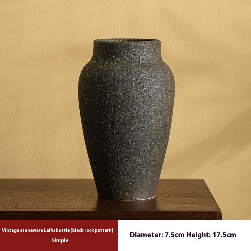 Retro Black Stoneware Handmade Ceramic Vase for Hydroponic Flowers - Table Decor
