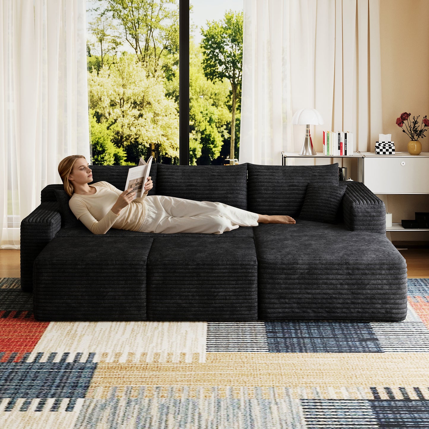 95" Cloud Sectional Sofa with 2 Ottomans - Black Corduroy