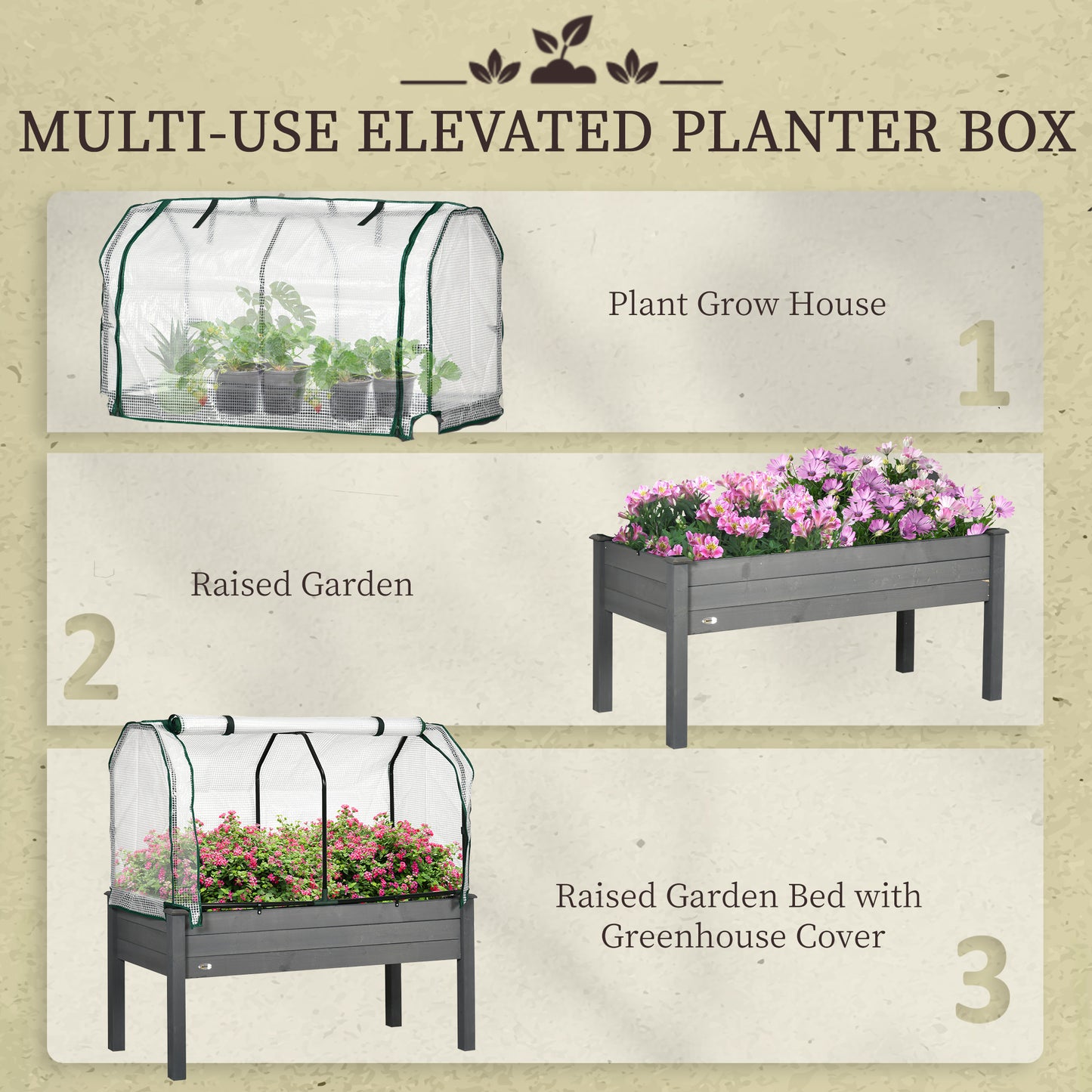 Raised Garden Bed with PE Greenhouse Cover for Herbs & Vegetables - 48x22x46 Inch, Dark Gray