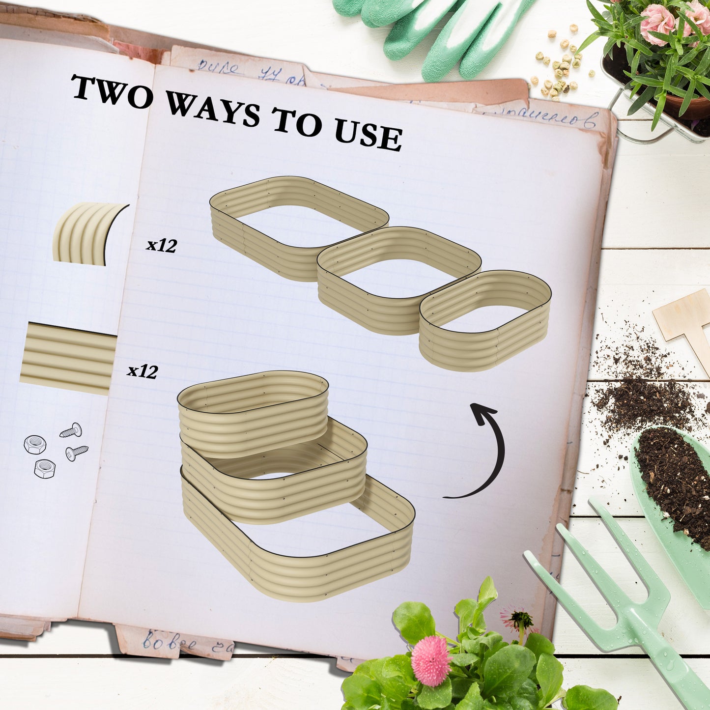 3-Tier Raised Garden Bed Set with Open Bottom, Cream White, 62.25 x 43 inches