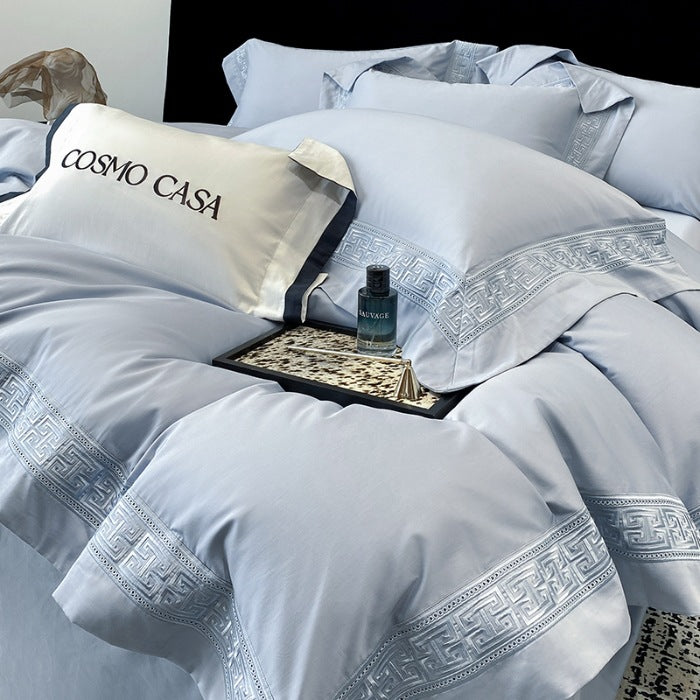 Double-Ply Cotton Bedding Set with Embroidered Geometric Pattern - Four Pieces