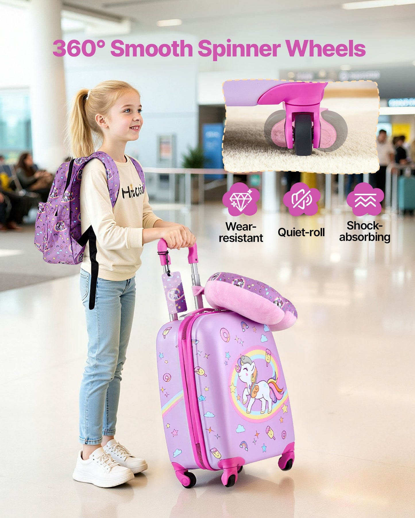 Kids Luggage Set 5 Pieces - 18 Inch Hardside Carry-On Suitcase with Backpack & Pillow, Travel Approved for Girls & Boys