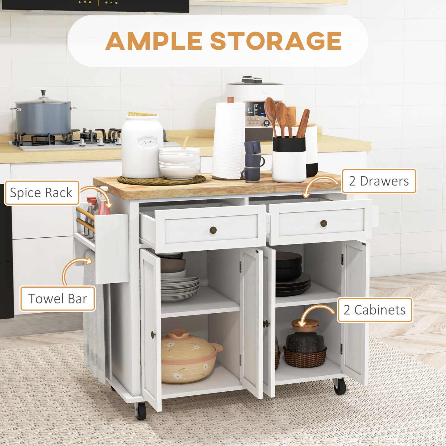 Rolling Kitchen Island Cart with Spice Rack - Distressed White