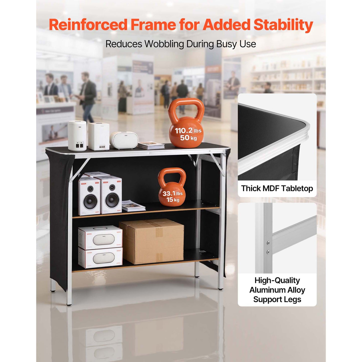 Foldable Portable Bar Table 43.3 x 15.2 x 34.8 Inches with Storage Shelves & Carry Bag