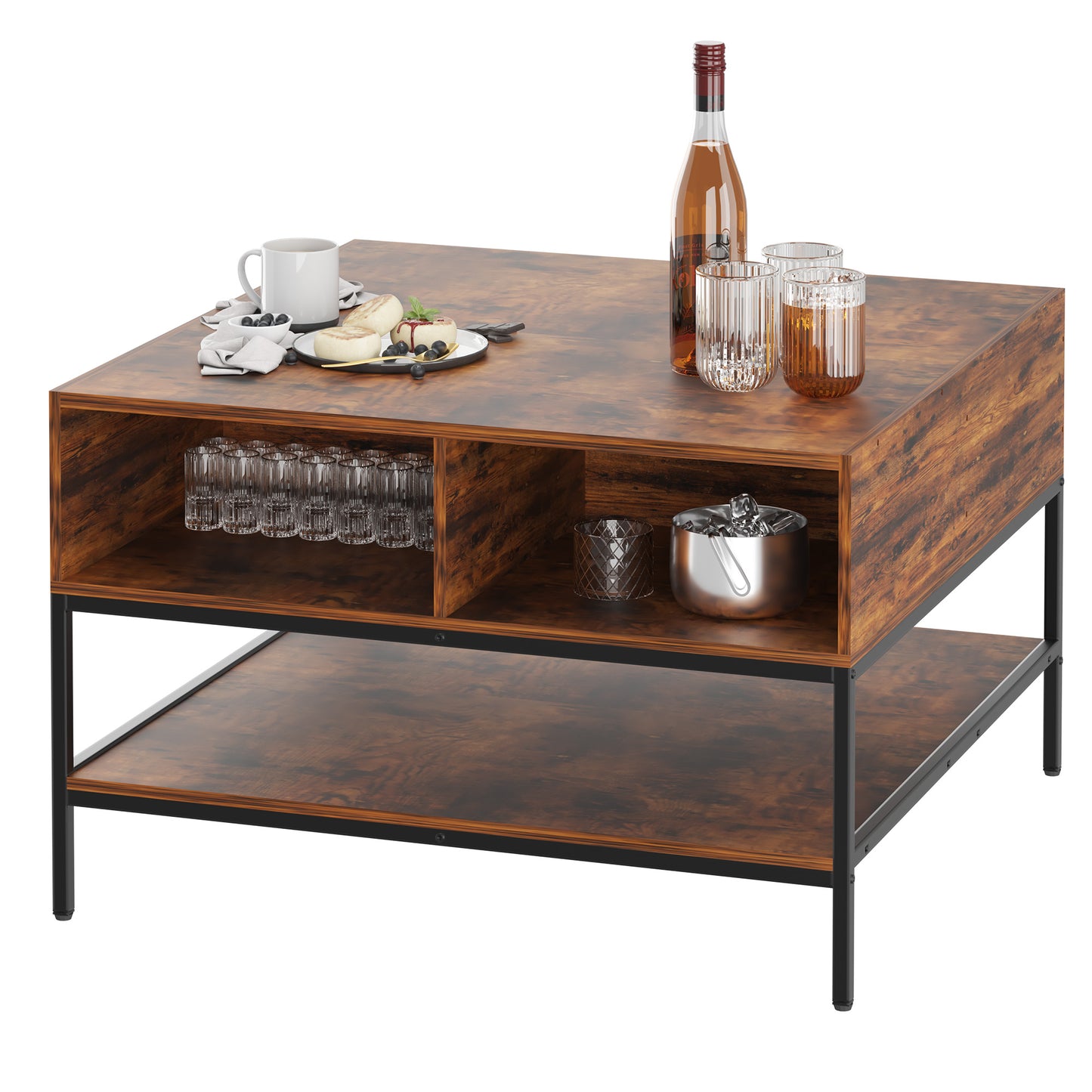 Farmhouse Flip Top Coffee Table With Storage -31.5 Rustic Wood Grain