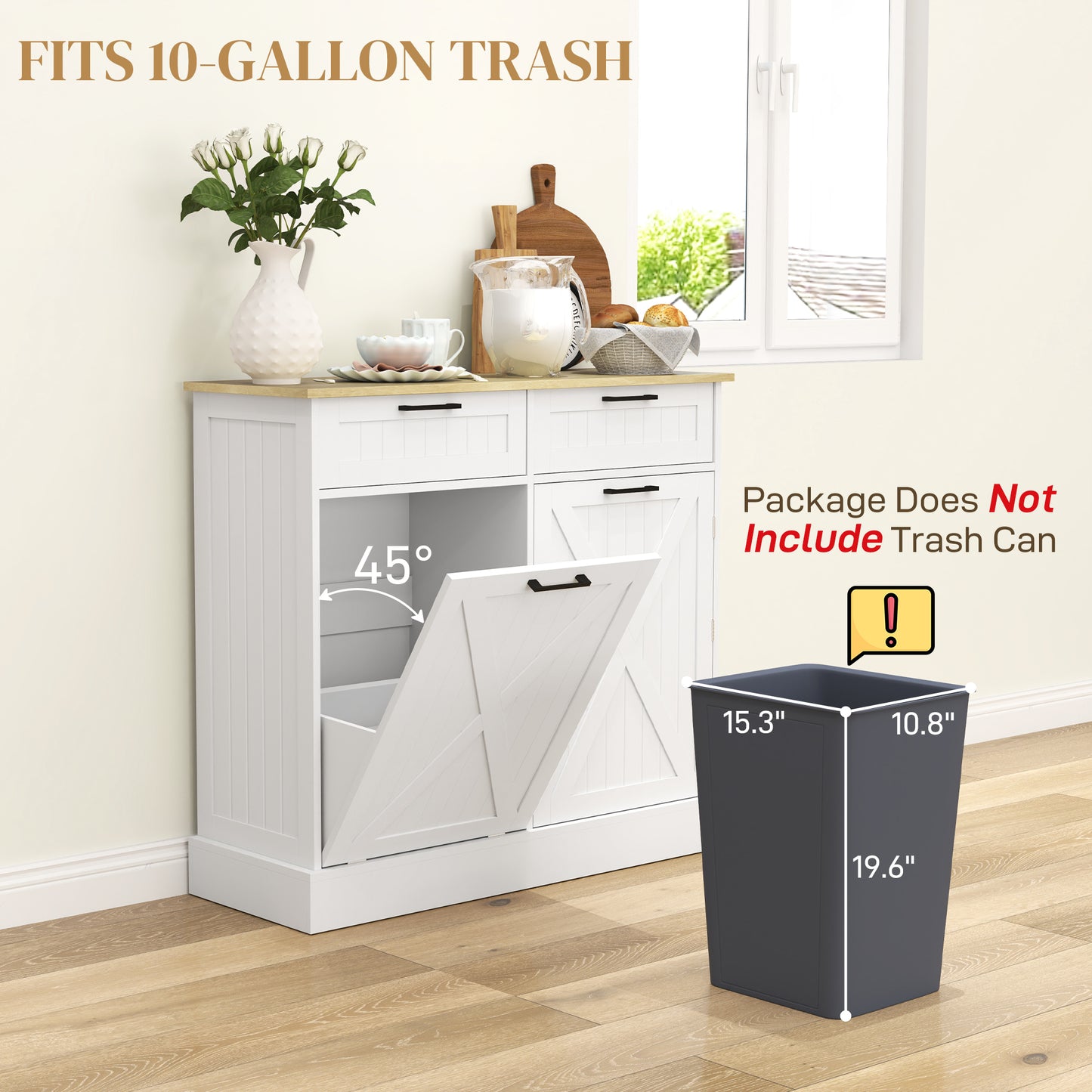 Farmhouse Kitchen Cabinet with Hidden Trash Can & 2 Drawers - White