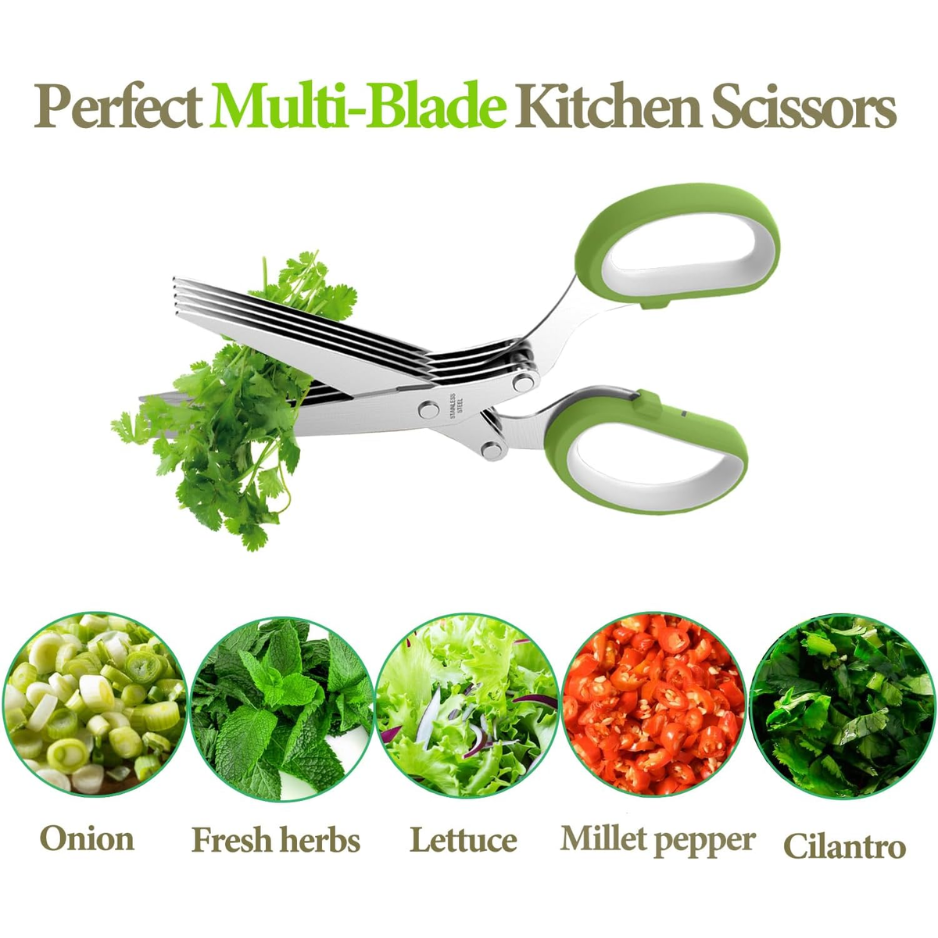 Stainless Steel Multi-Blade Herb Scissors for Kitchen Prep - Green