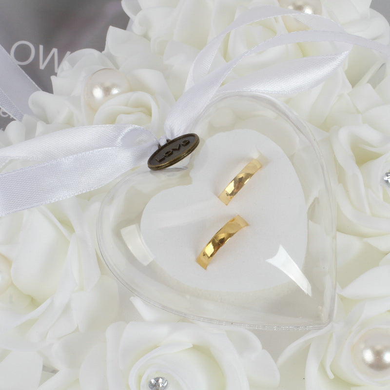Wedding Pearl Ring Pillow with PE Foam Rose for Bridal Ceremony
