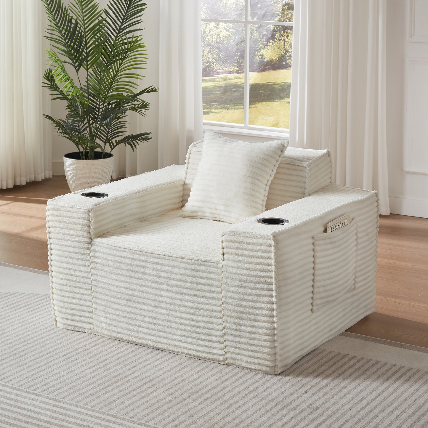 Compact 1-Seater Sofa - No Assembly, Modern Corduroy Design - White