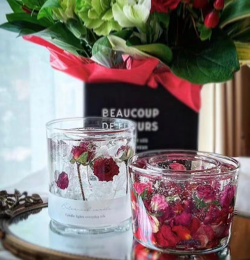 Dried Flower Rose Jelly Aromatherapy Candle Glass Candleholder Home Wedding Gift
