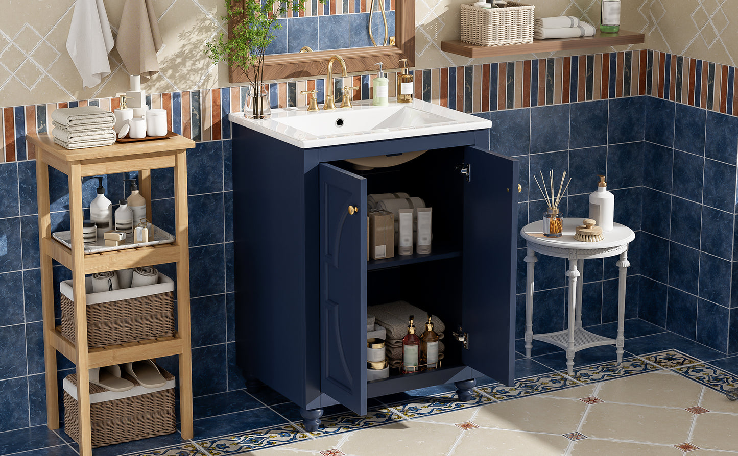 24" Blue Modern Bathroom Vanity with Ornate Design & Soft-Close Hinges