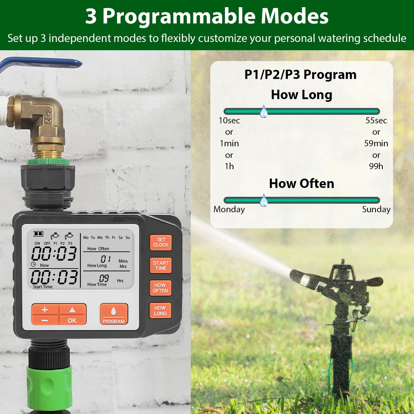 Garden Sprinkler Timer with 3 Watering Programs Waterproof Irrigation System