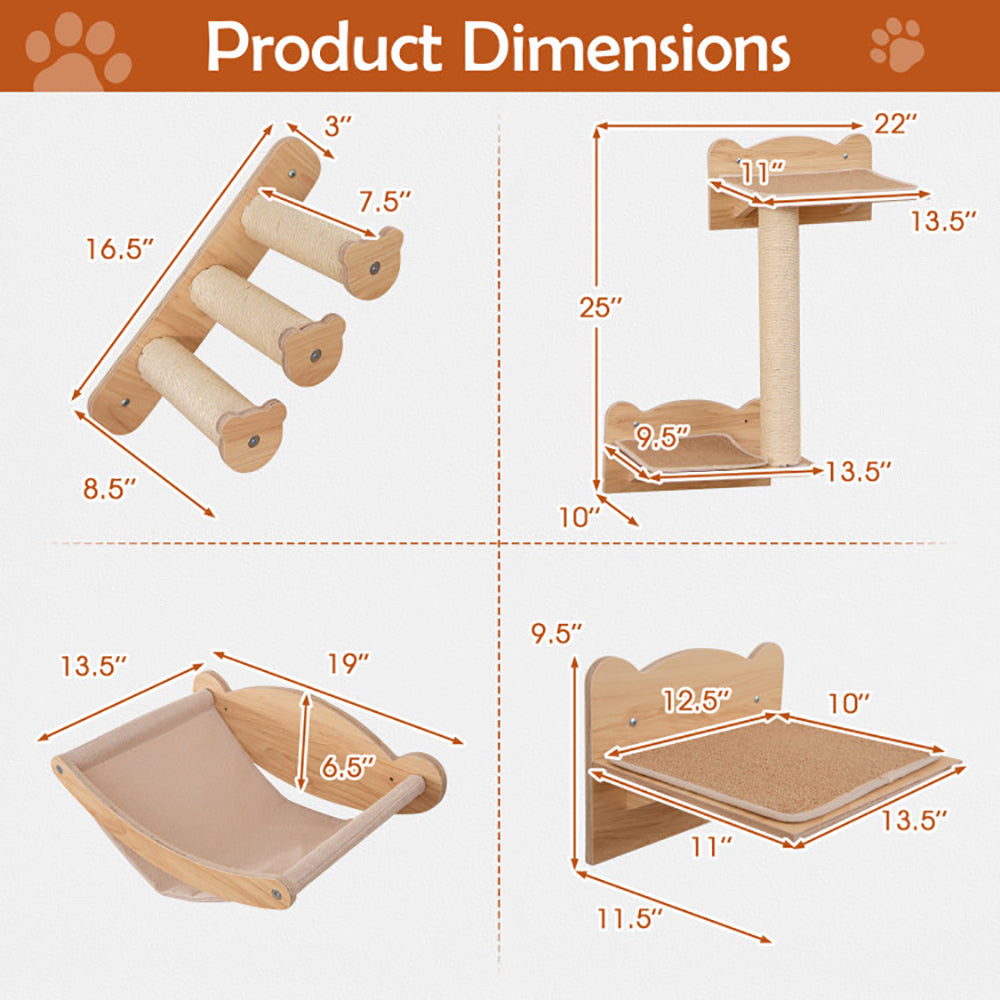 Wall-Mounted Cat Furniture Set of 4 with Hammock and Climbing Steps - Natural