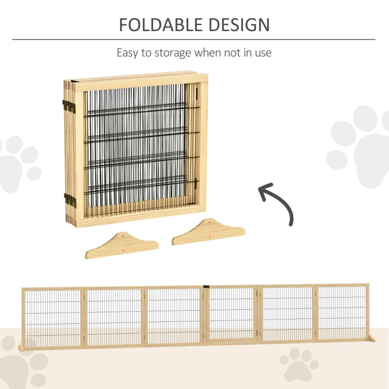 Wooden Pet Gate 6-Panel Folding Dog Safety Barrier for Small & Medium Dogs