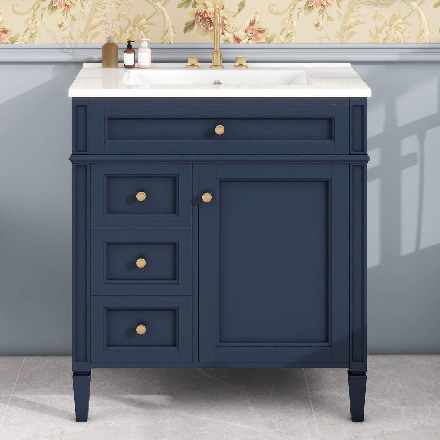 30'' Blue Bathroom Vanity with Ceramic Sink & Storage Drawers