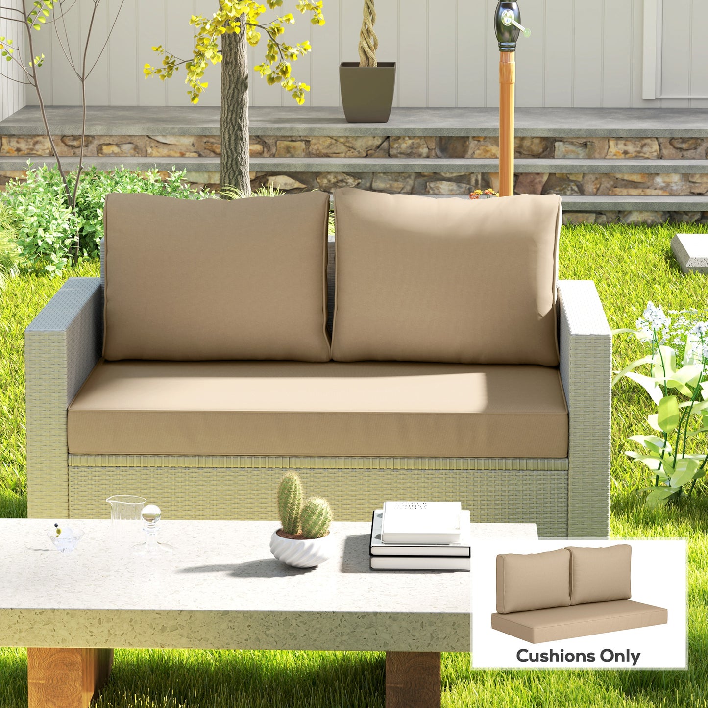 Beige Outdoor Loveseat Cushion Set - 3-Piece Thick Replacement Cushions
