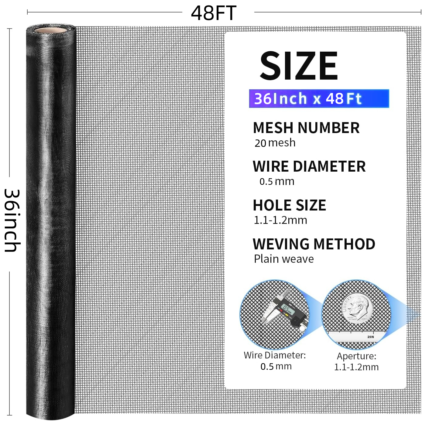 304 Stainless Steel Window Screen Roll - 36in x 48ft, Black