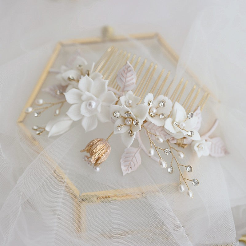 Ceramic Flower White Rhinestone Hair Comb