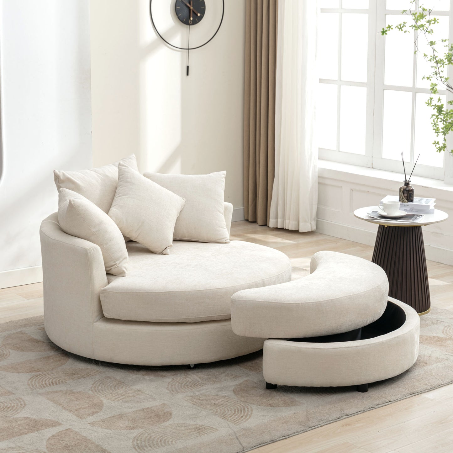 360° Swivel Accent Barrel Chair with Storage Ottoman & 4 Pillows - Cream