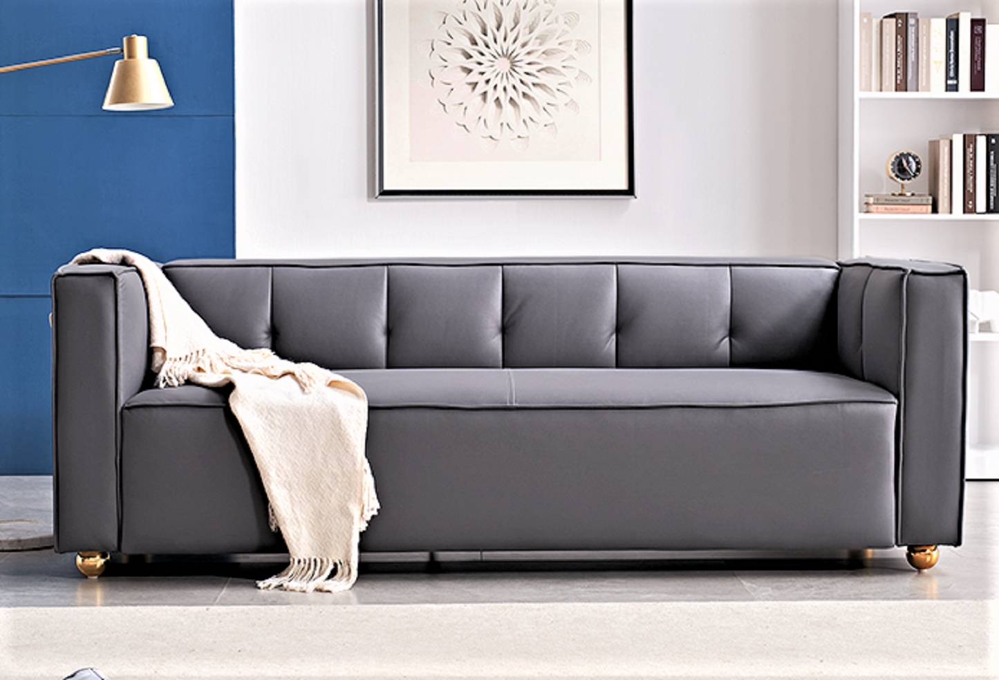 Polyester Sofa With Tufted Low Back Design, Elegant 3 Seater Couch