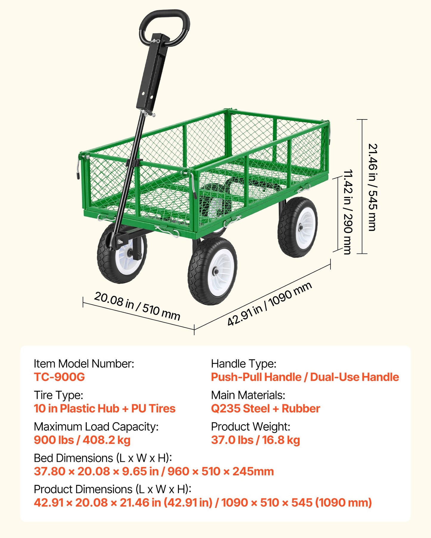 Heavy Duty Steel Garden Cart with 900LBS Load Capacity, Flat-Free Tires, Detachable Side Panels, and Adjustable Handle – Green